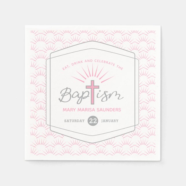 Serviette En Papier Baptême halo et croix rosé personnalisé (Devant)