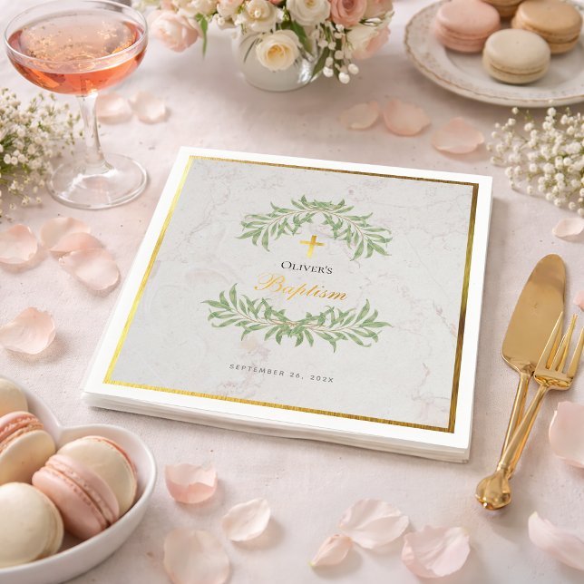 Serviette En Papier Baptême Marbre Foliage Faux Gold Foil Calligraphie (Créateur téléchargé)