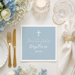 Serviette En Papier Baptême Moderne Christening Croix Blanche Bleu Pou