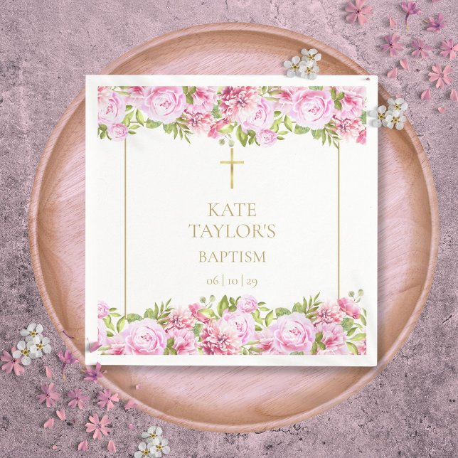 Serviette En Papier Baptême Or Rosier Fleurs Roses (Gold Baptism Christening Pink Roses Floral Napkins)