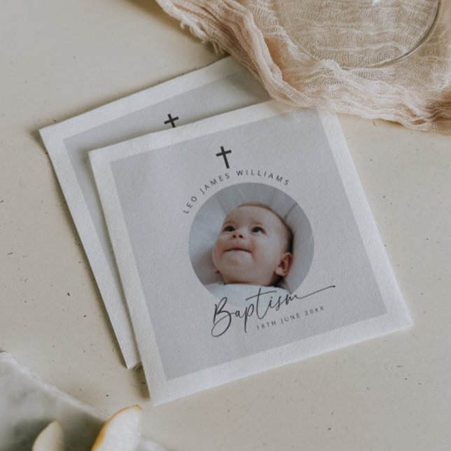 Serviette En Papier Baptême Photo Arrière - plan gris (Zazzle Baptism Photo Grey Background Napkins)