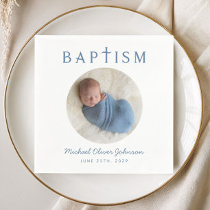 Serviette En Papier Baptême photo élégant écriture bleue