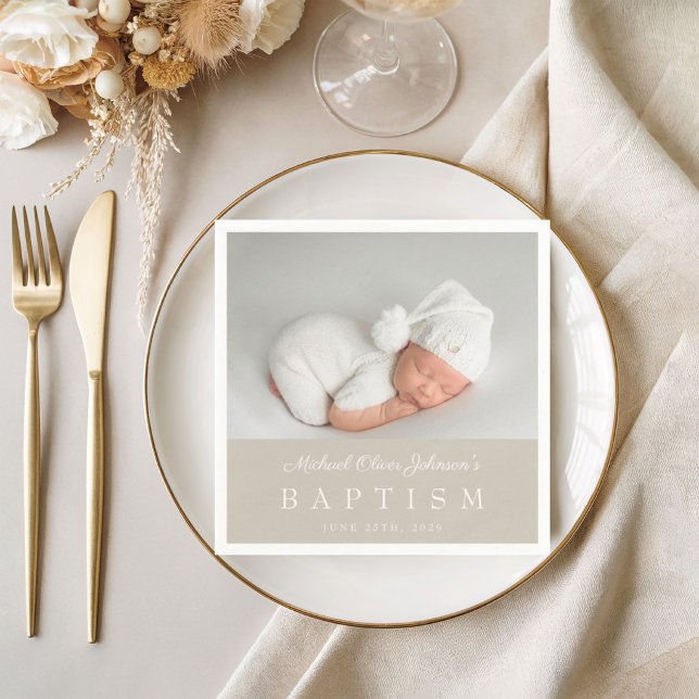 Serviette En Papier Baptême photo élégant écriture Taupe (Elegant Taupe Script Photo Baptism Napkins)
