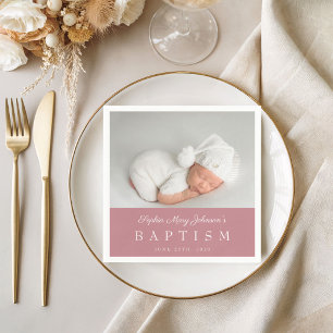 Serviette En Papier Baptême photo élégant rose poudré écriture