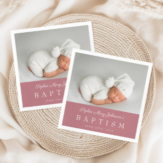 Serviette En Papier Baptême photo élégant rose poudré écriture