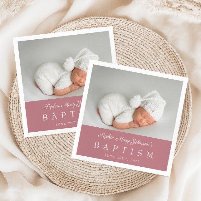 Serviette En Papier Baptême photo élégant rose poudré écriture (Elegant Dusty Pink Script Photo Baptism Napkins)