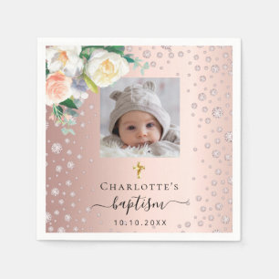 Serviette En Papier Baptême photo personnalisée rose or fille florales