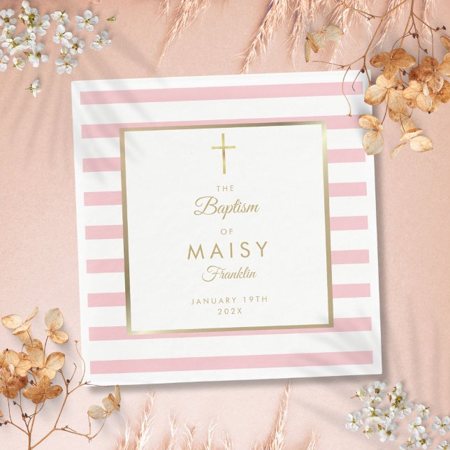 Serviette En Papier Baptême Rayure Or Et Rose (Gold And Pink Stripe Baptism Christening Napkins)