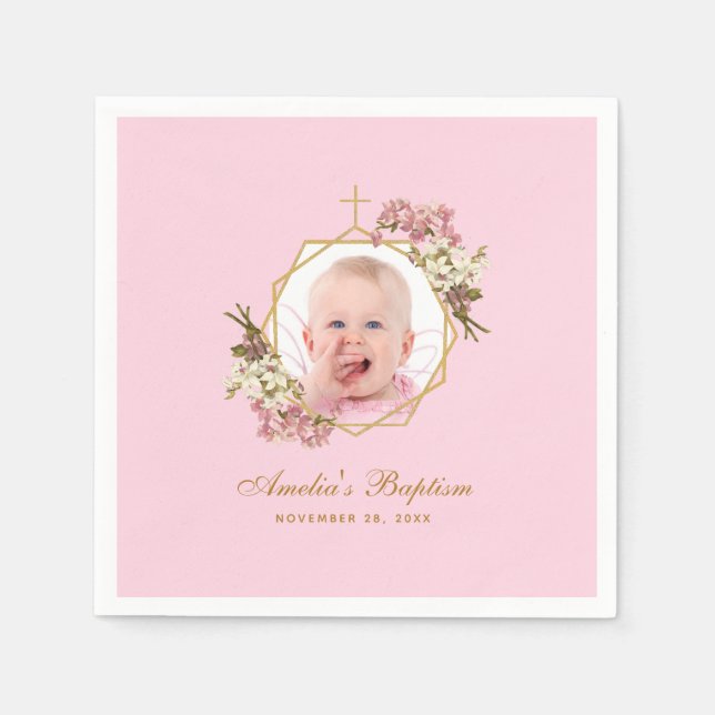 Serviette En Papier Baptême Rose Girl Photo Floral Orchids Gold Cross (Devant)