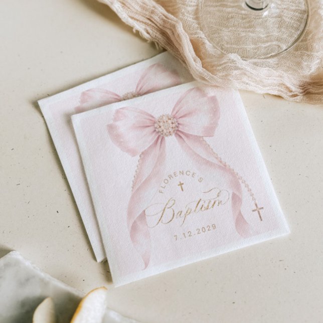 Serviette En Papier Baptême Rouge Rosé Ruban Perles (Créateur téléchargé)