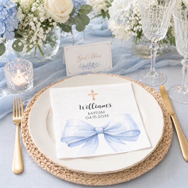Serviette En Papier Baptême ruban bleu garçon croix dorée (Créateur téléchargé)