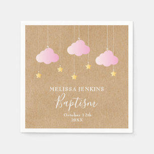 Serviette En Papier Baptême rustique Christening Pink Nuds Gold Stars