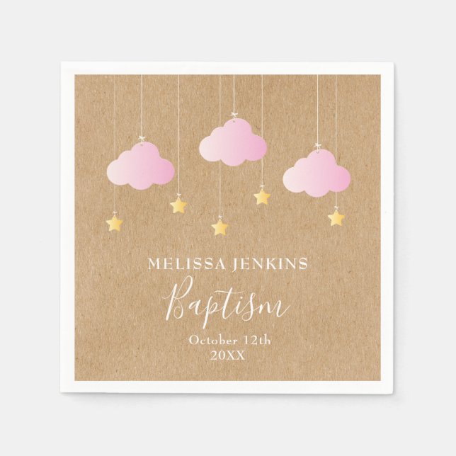 Serviette En Papier Baptême Rustique Nuages Roses Étoiles Dorées (Devant)