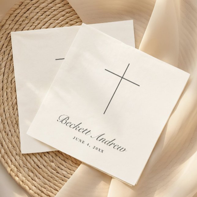 Serviette En Papier Baptême simple écriture croix (Simple Black and White Cross Script Baptism, Christening or First Holy Communion Napkins.)