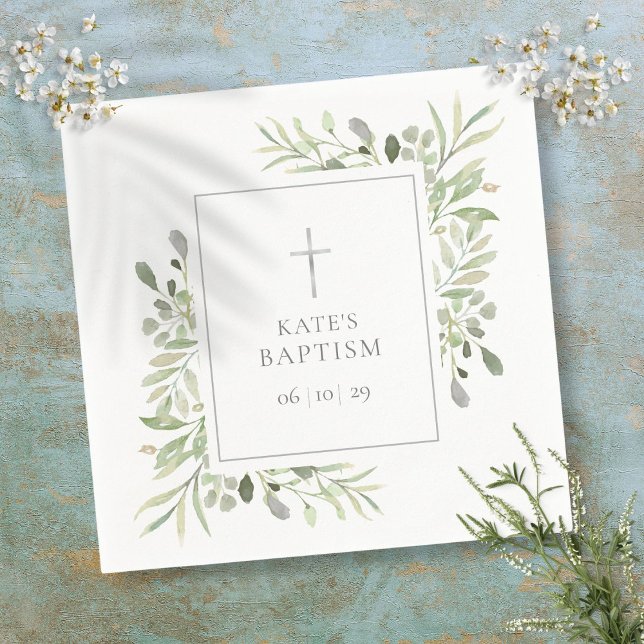 Serviette En Papier Baptême végétation aquarelle (Watercolor Greenery Baptism Christening Napkins)