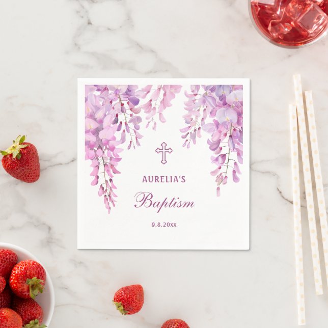 Serviette En Papier Baptême Wisteria Rose (En situation)