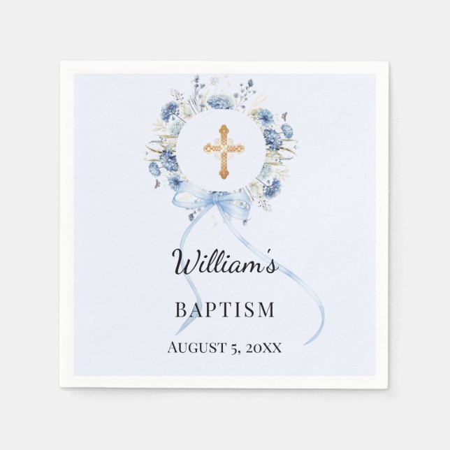Serviette En Papier Baptism blue florals wreath boy cross (Devant)