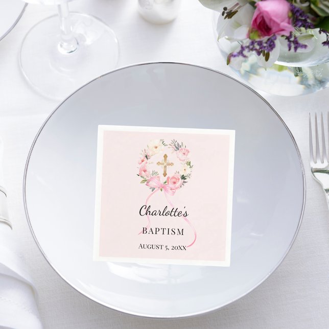 Serviette En Papier Baptism blush pink girl florals wreath cross (Créateur téléchargé)
