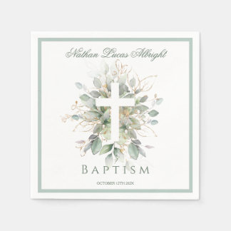 Serviette En Papier Baptism Greenery Leaves Cross