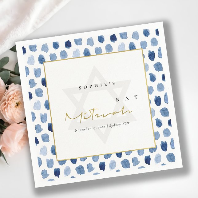 SERVIETTE EN PAPIER BAR MITZVAH MODERNE À POINTS À L'AQUARELLE BLEU IN (Créateur téléchargé)