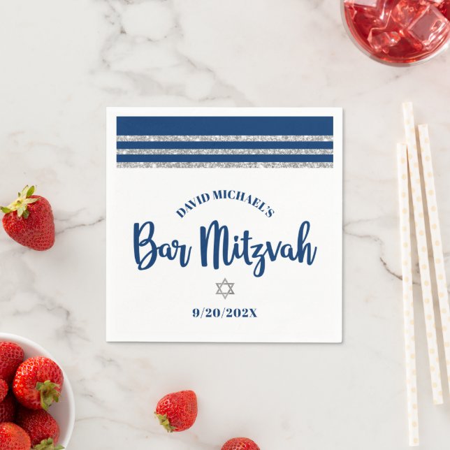 Serviette En Papier Bar Mitzvah Navy Argent Tallit Script Gras Minimal (En situation)