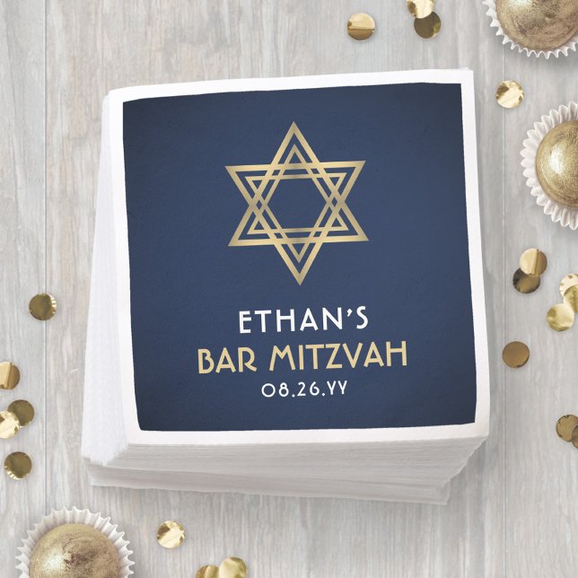 Serviette En Papier Bar Mitzvah Star de David Navy Bleu blanc et or (Créateur téléchargé)