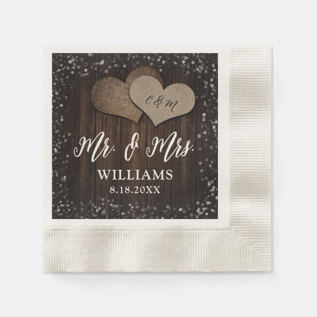 Serviette En Papier Barn Wood Burlap Coeurs Mr & Mrs Mariage (Devant)