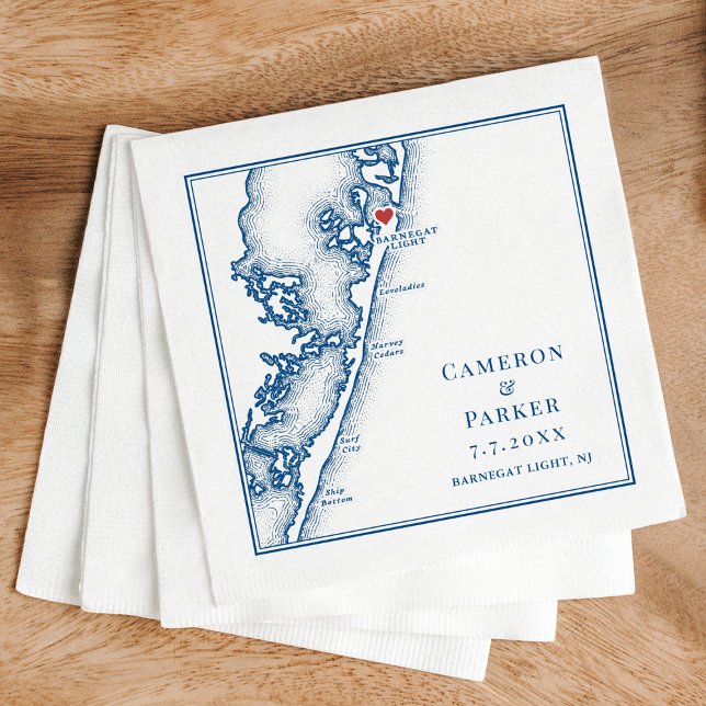 Serviette En Papier Barnegat Light NJ Carte Mariage Élégant Navy (Barnegat Light NJ Wedding Napkins Long Beach Island Jersey Shore Map by Coastal Map Designs)