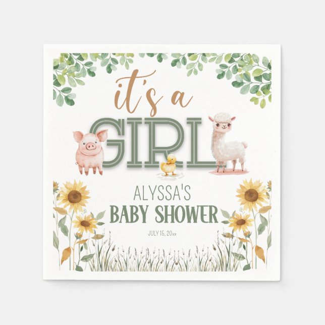 Serviette En Papier Barnyard Animaux Baby Girl Baby shower (Devant)