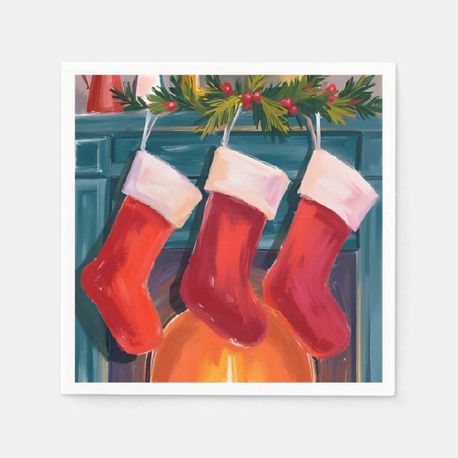 Serviette En Papier Bas de Noël rouges cheminée aquarelle (Devant)