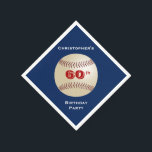 Serviette En Papier Baseball Blue Name 60th Birthday Party Paper<br><div class="desc">Un baseball sur un arrière - plan bleu foncé décore cette serviette en papier unique et amusante. Bien que la valeur par défaut indique "60th Birthday Celebration", vous pouvez facilement changer le nom, le nombre d'années, et l'événement. Napkin est conçu en forme de diamant - comme un diamant de baseball....</div>