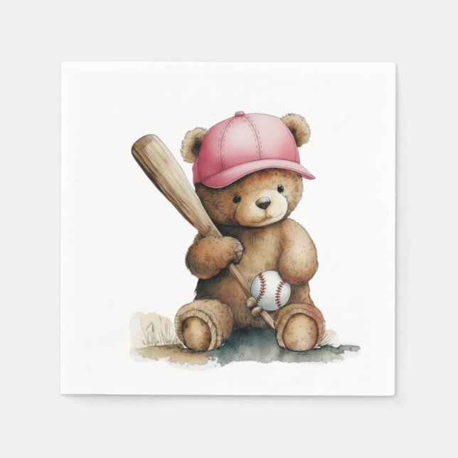 Serviette En Papier Baseball Teddy Pink Hat Bat Ball Baby Girl (Devant)