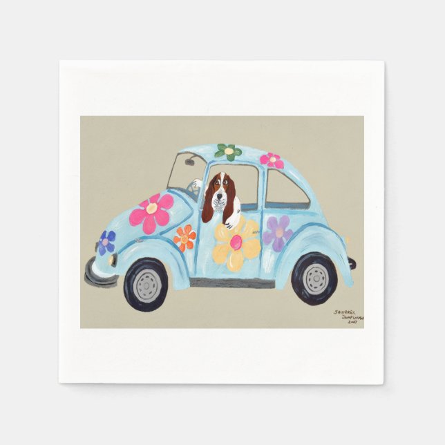 Serviette En Papier  Basset Hound in Hippy car (Devant)