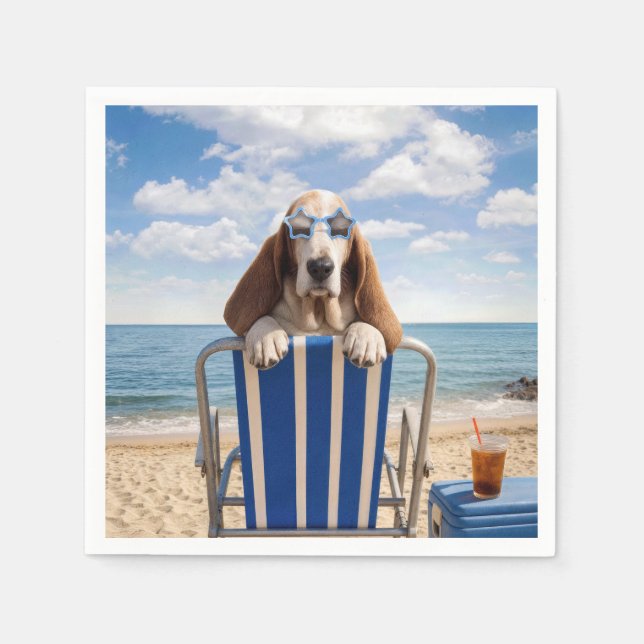 Serviette En Papier Basset Hound sur chaise de plage (Devant)