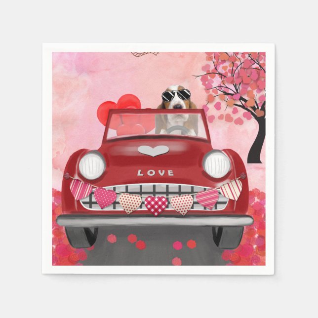 Serviette En Papier Basset Hound voiture avec les coeurs Valentine's (Devant)