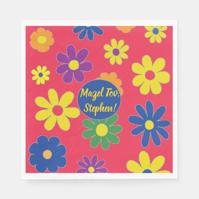 Serviette En Papier Bat BM ou Bar Mitzvah Napkin Fleurs (Devant)