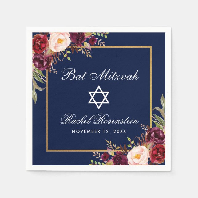 Serviette En Papier Bat mitzvah Bourgogne Floral Gold (Devant)