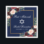 Serviette En Papier Bat mitzvah Burgundy Blue Floral Gold<br><div class="desc">Bat mitzvah Aquarelle Bourgogne Marsala bleu Floral Or Frame Papier Napkin</div>
