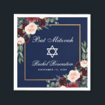 Serviette En Papier Bat mitzvah Burgundy Blue Floral Gold<br><div class="desc">Bat mitzvah Aquarelle Bourgogne Marsala bleu Floral Or Frame Papier Napkin</div>
