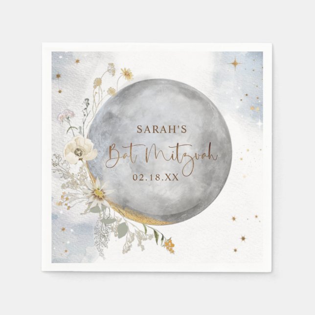 Serviette En Papier Bat mitzvah de lune céleste, bleu, or (Devant)