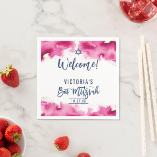 Serviette En Papier BAT MITZVAH écriture moderne aquarelle rose foncé
