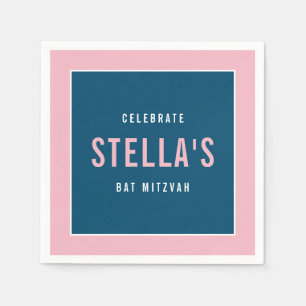 Serviette En Papier BAT MITZVAH moderne en gras bloc bleu foncé rose