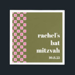 Serviette En Papier Bat mitzvah vert rose rétro en carton fleuri<br><div class="desc">Planche à carreaux à fleurs Retro personnalisée Pink et Bat mitzvah vert</div>