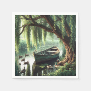 Serviette En Papier Bateau à rames en bois sous un saule pleureur