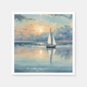 Serviette En Papier Bateau À Voile Aquarelle Sur Peinture Océanique
