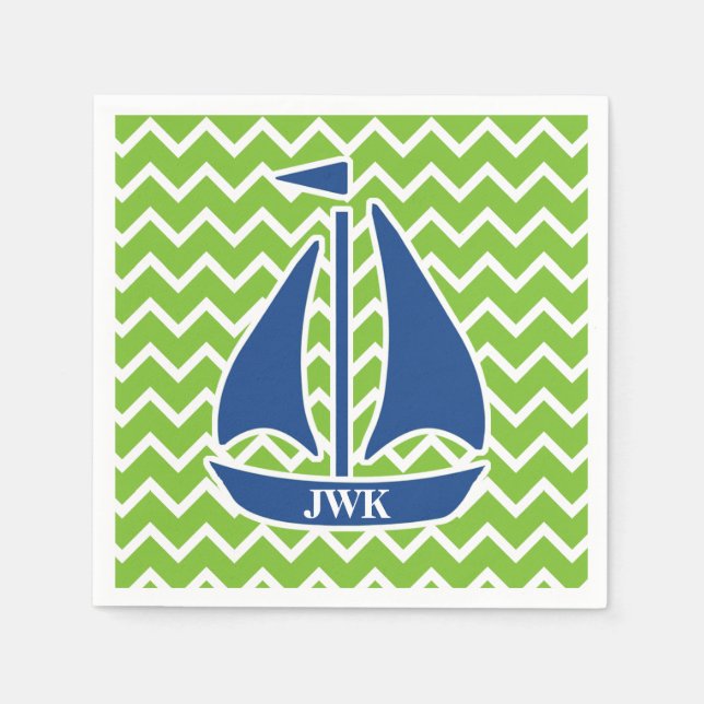 Serviette En Papier Bateau à voile bleu nautique Personnalisé Chevron  (Devant)