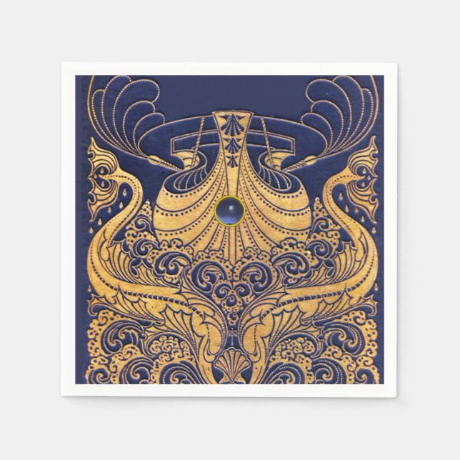 Serviette En Papier Bateau antique, Dauphins, Or, Bleu marine Nautique (Devant)