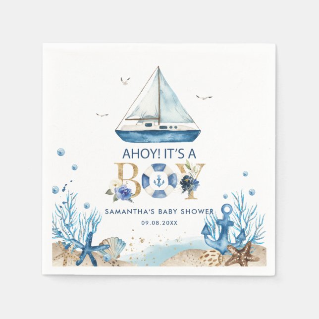 Serviette En Papier Bateau bleu nautique Ahoy C'est un Baby shower gar (Devant)