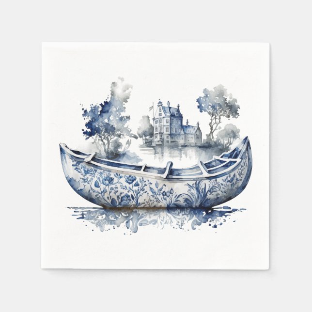 Serviette En Papier Bateau de style Delft bleu et blanc avec scène de  (Devant)