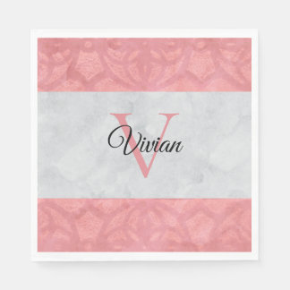 Serviette En Papier Batik Rose Ruddy Et Aquarelle Gris Monogramme